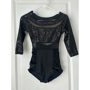 Curtain Call Black Sequin Long Sleeve Leotard Size ASM Ruched Dance Costume